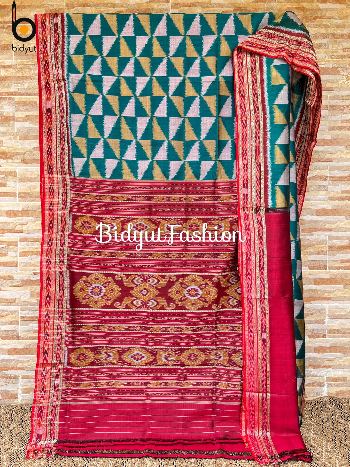 Handlooms of Odisha Nuapatna Khandua Ikat Silk Saree Green Color