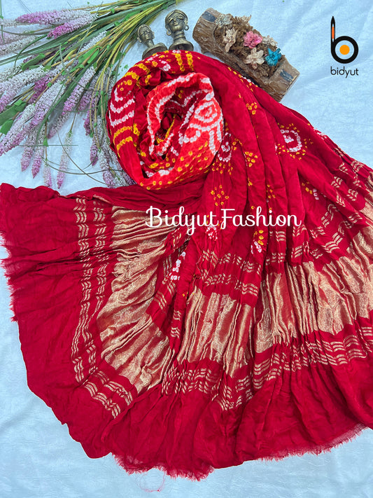 Bandhani Hand-Knotted Pure Gaji Silk Dupatta Orange Red Color