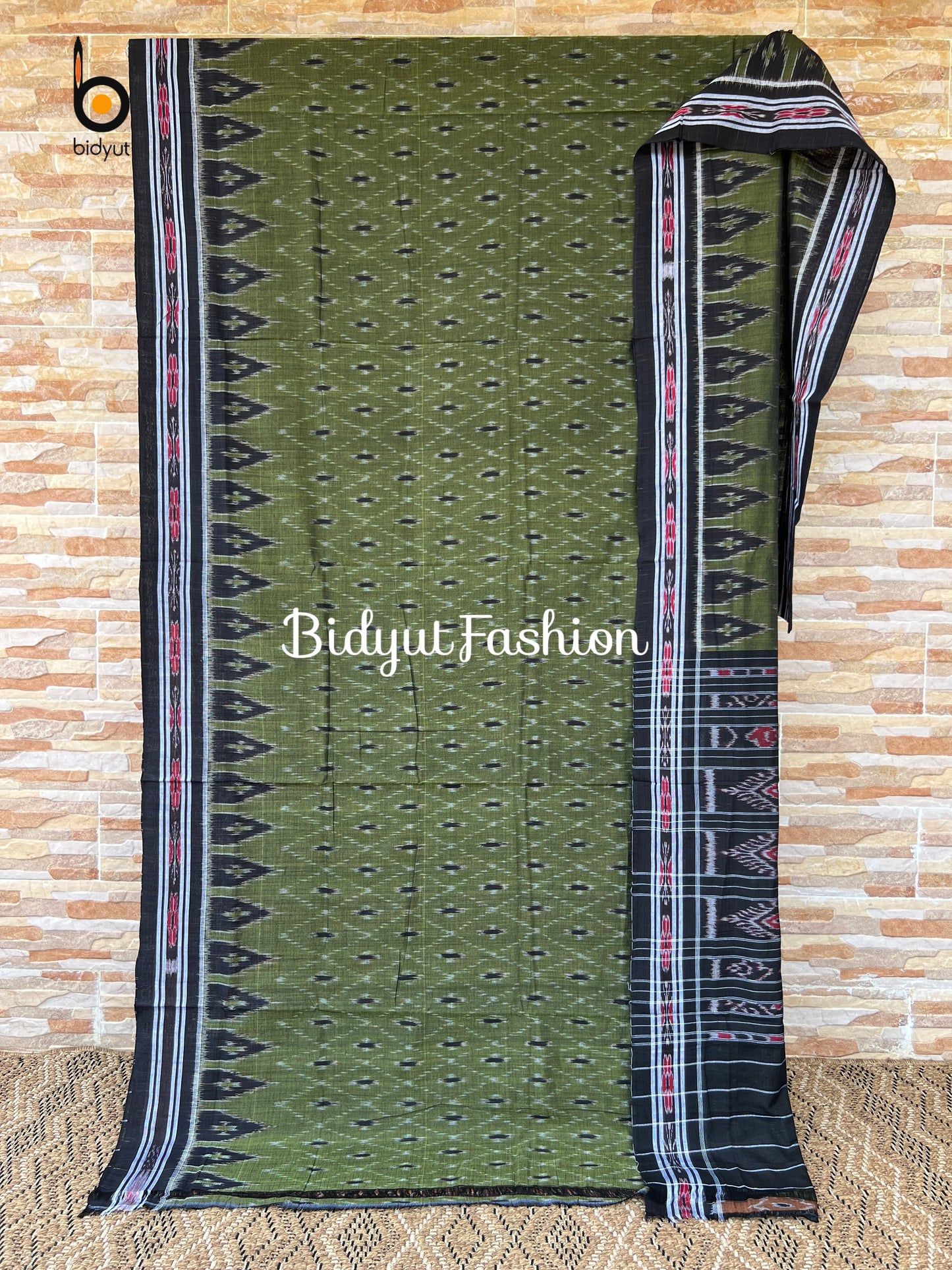 Handlooms of Odisha Maniabandha Nuapatna Ikat Cotton Saree Olive Green Color