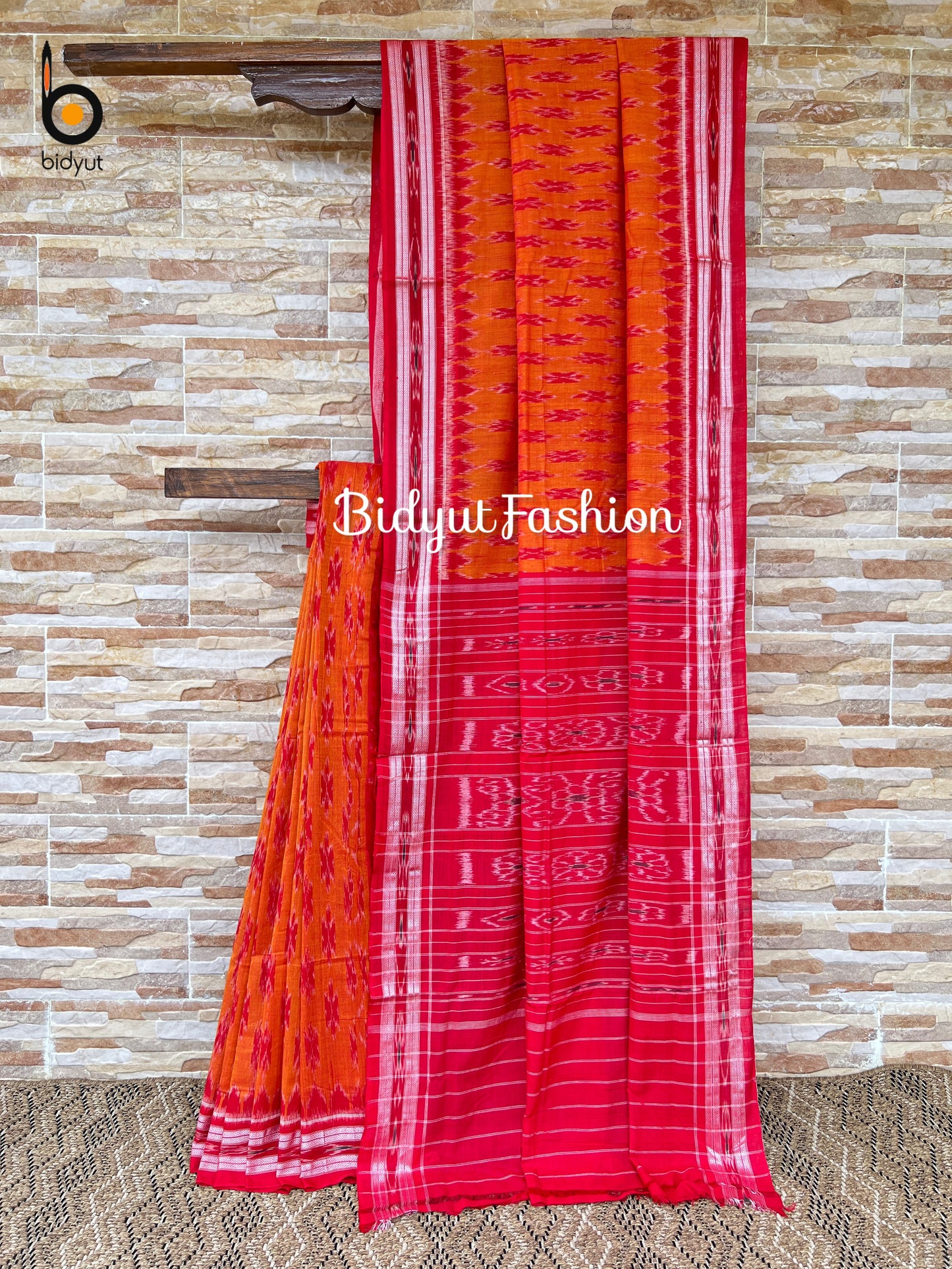Handlooms of Odisha Maniabandha Nuapatna Ikat Cotton Saree Orange Color
