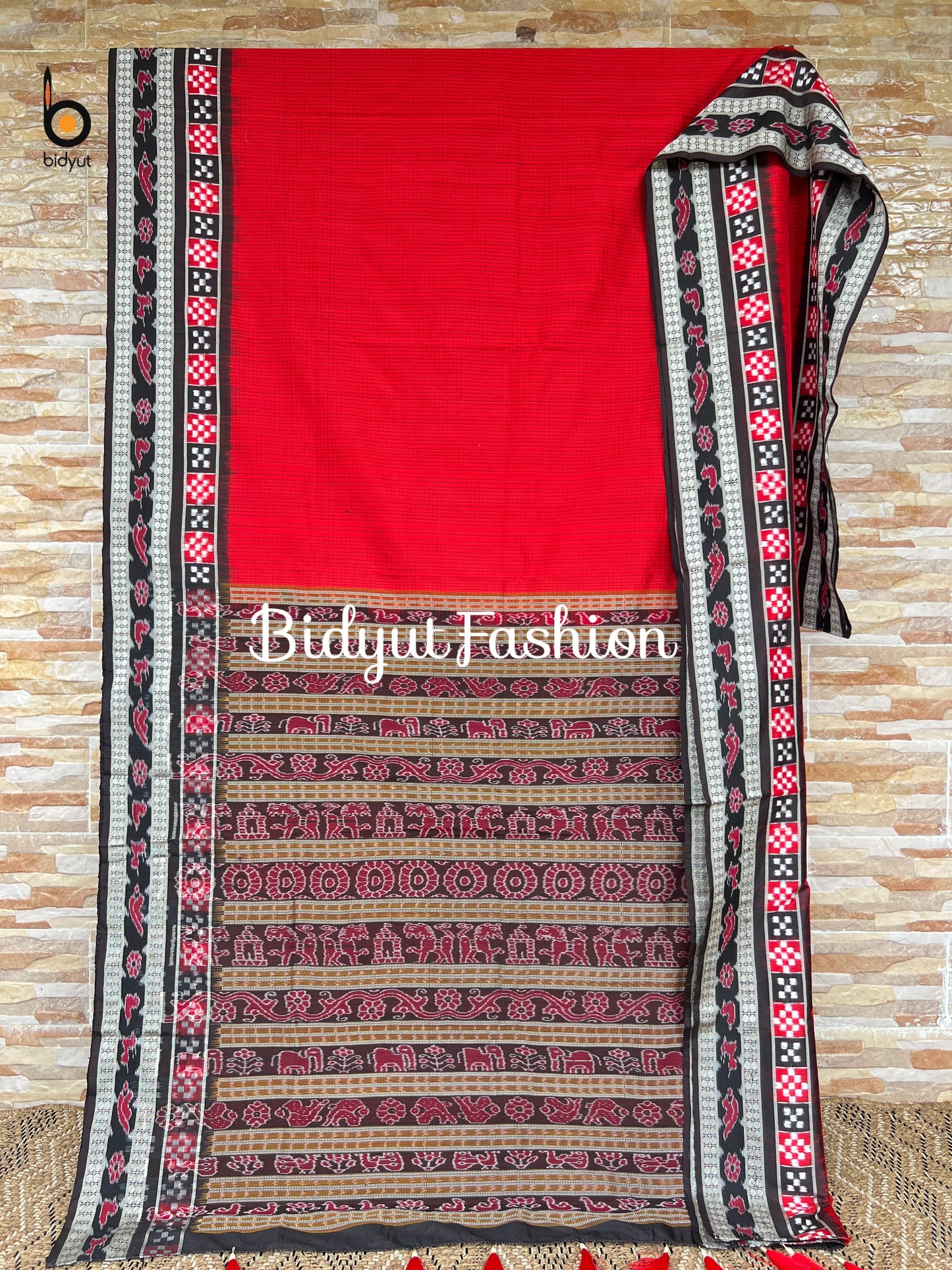 Handlooms of Odisha Sambalpuri Double Ikat border check body Silk Saree red color
