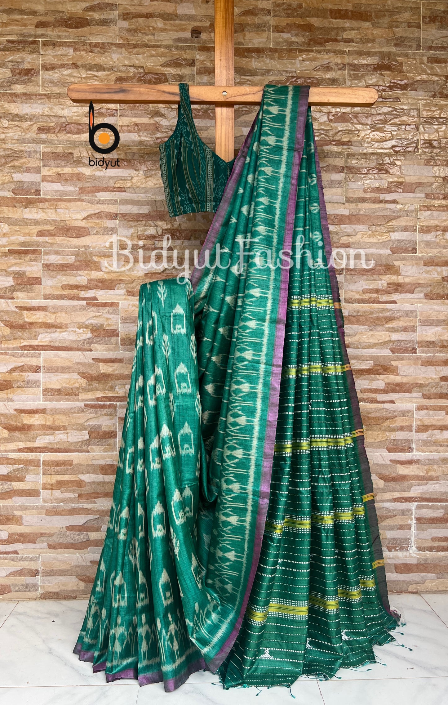 Handlooms of Odisha Gopalpur Ikat Tussar Silk Saree Green Color