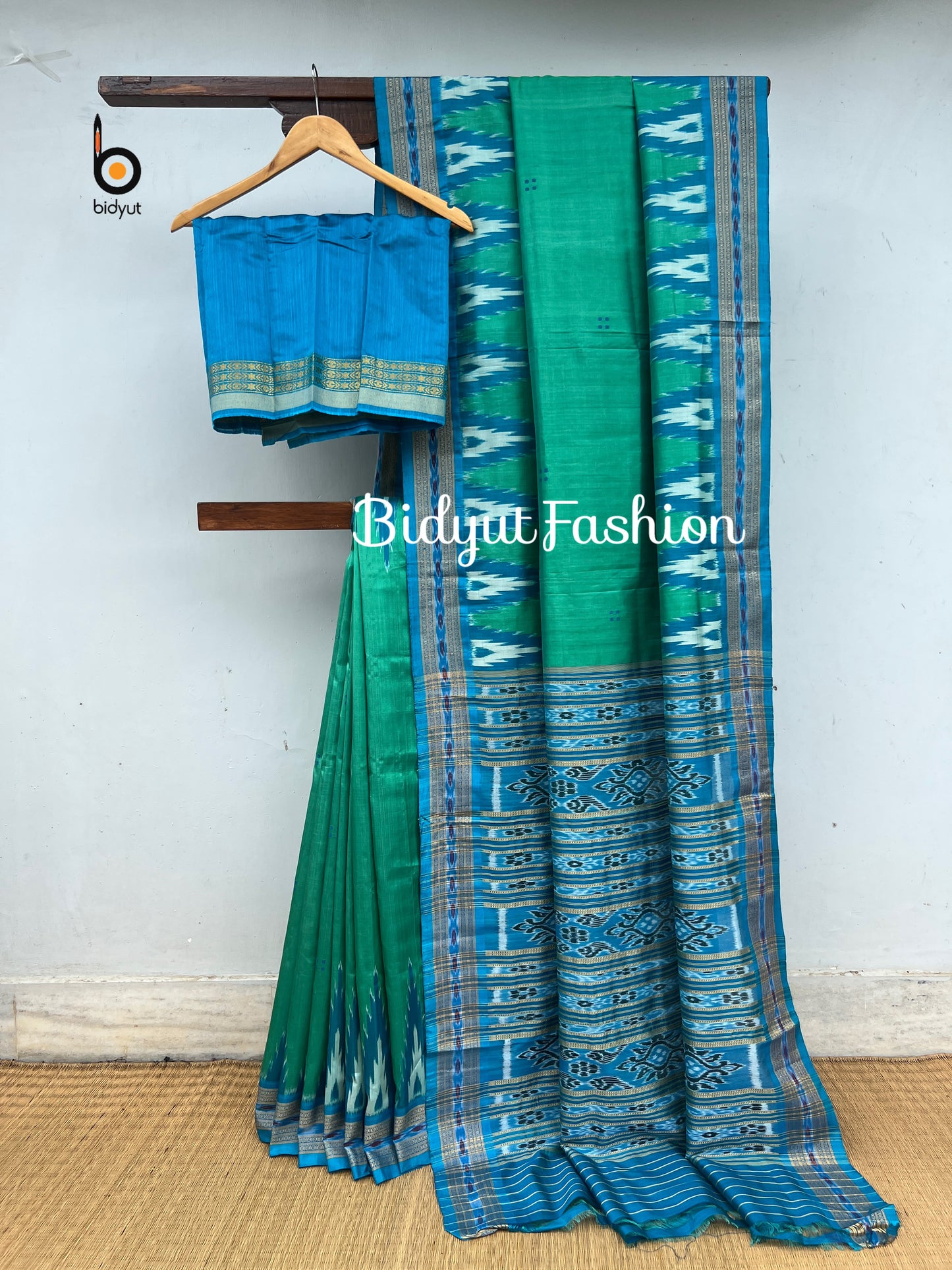 Handlooms of Odisha Nuapatna Khandua Ikat Silk Saree Turquoise Green color