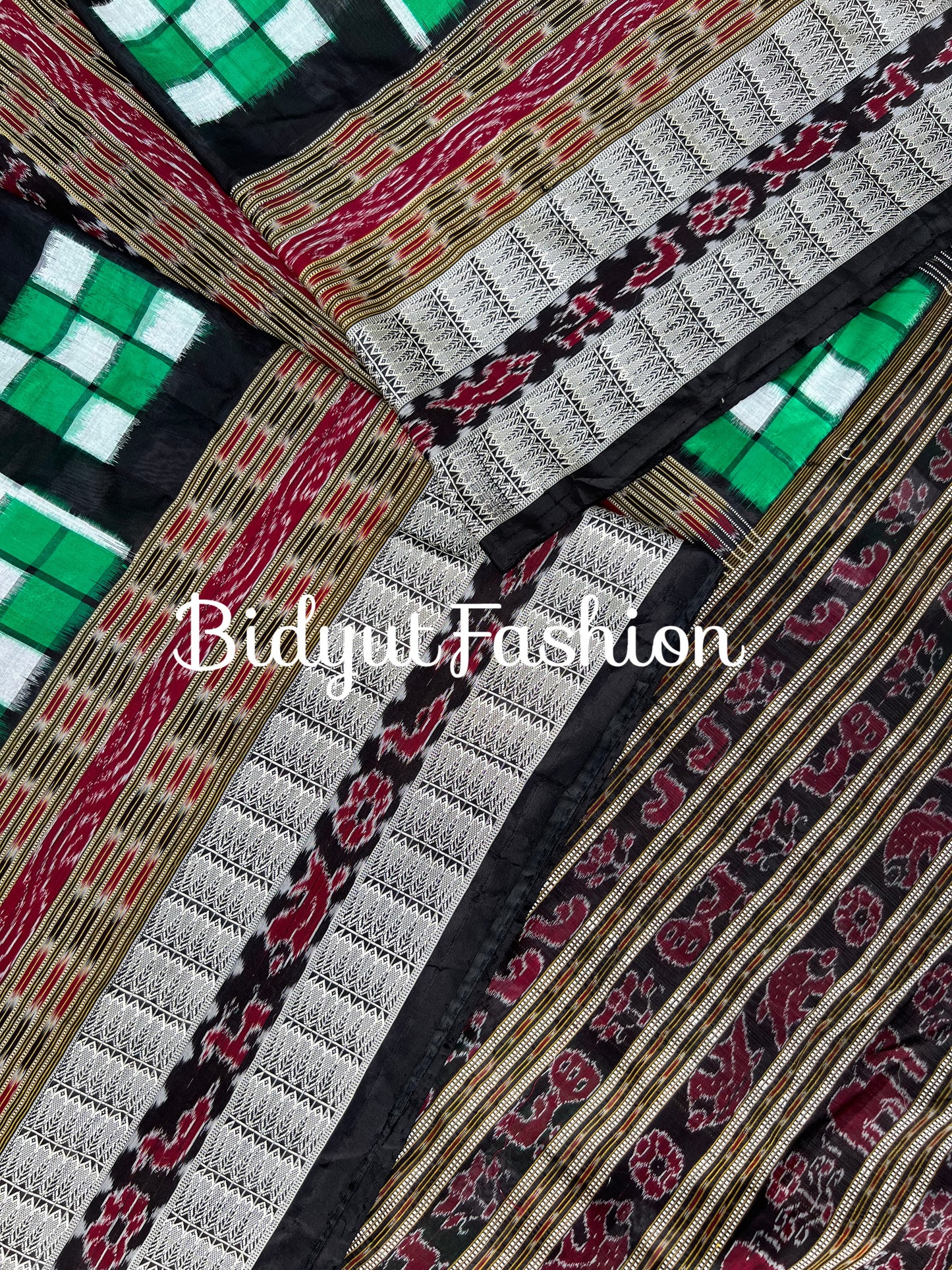 Handlooms of Odisha Sambalpuri Double Ikat Bichitrapuri Silk Saree Green color