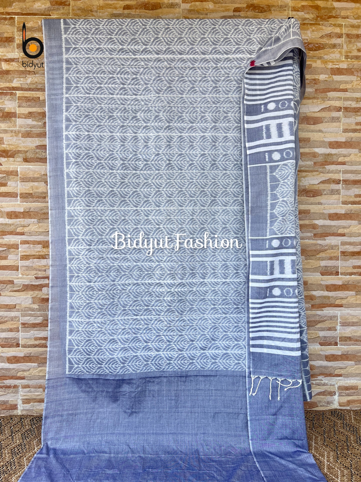Nuapatna Ikat Saree in 100% Birla Excel Lyocell | Muted Gray & White | Odisha Handloom