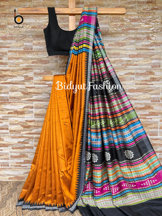 Handlooms of Odisha Berhampuri Double Palla Silk Saree Mustard yellow color