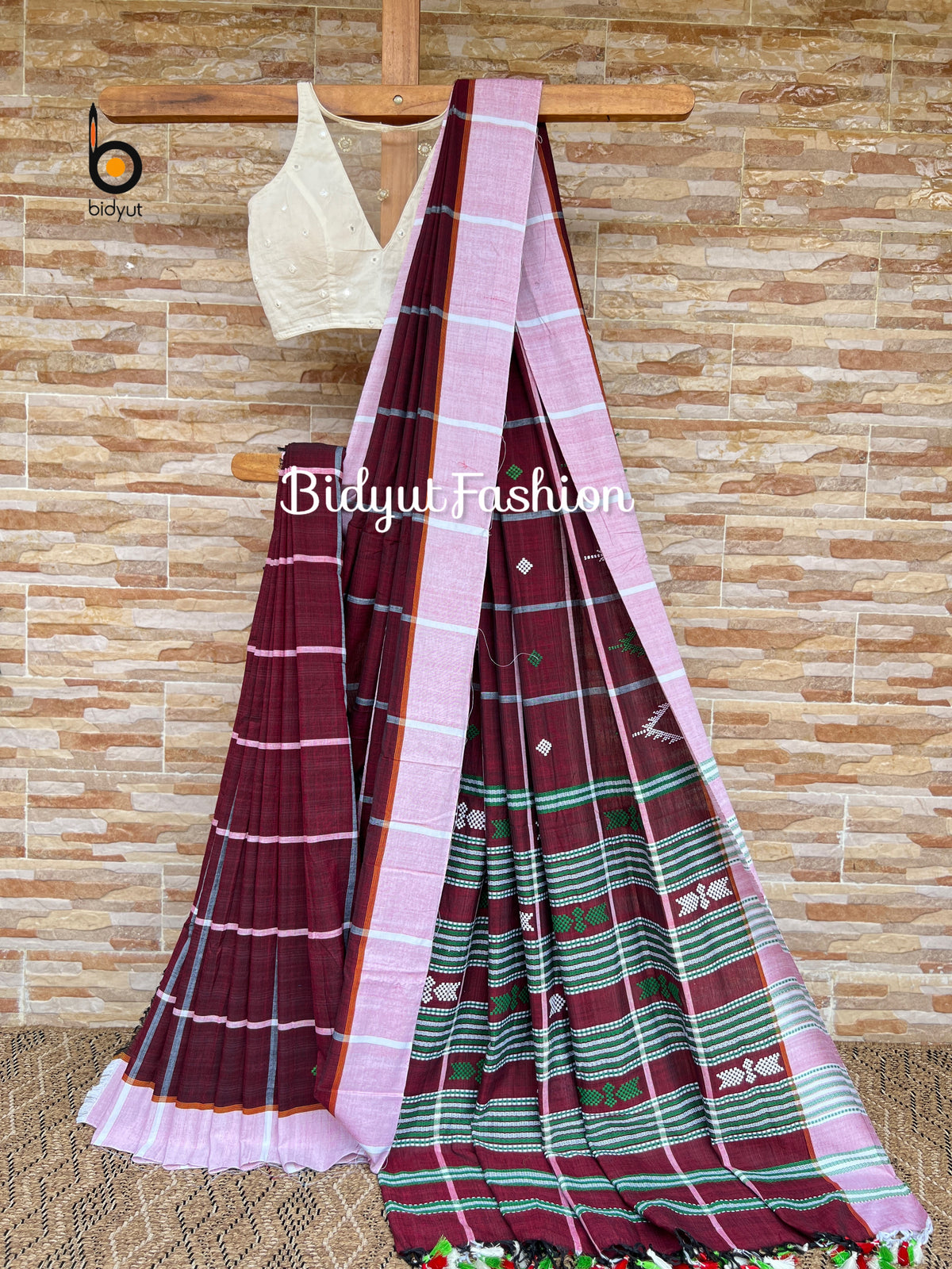 Handlooms of Odisha Santhal Tribal Cotton Sarees Burgundy color