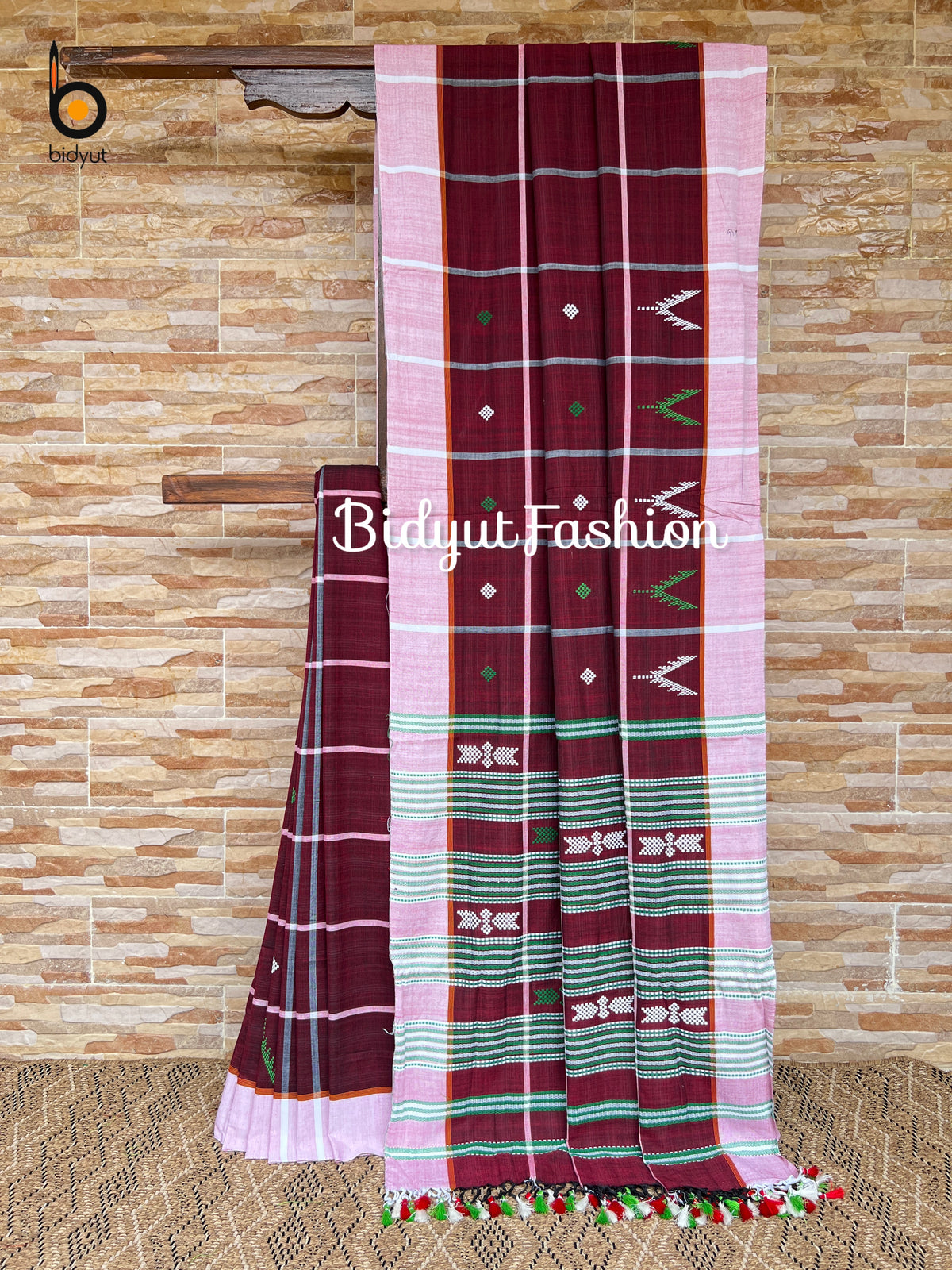 Handlooms of Odisha Santhal Tribal Cotton Sarees Burgundy color