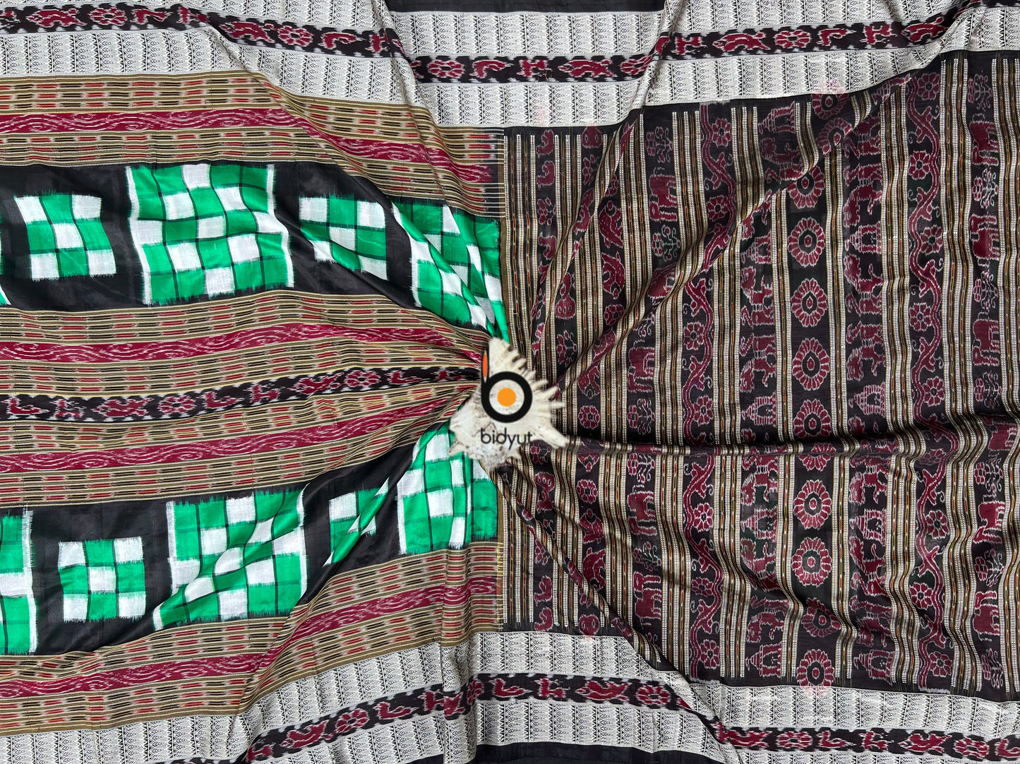 Handlooms of Odisha Sambalpuri Double Ikat Bichitrapuri Silk Saree Green color