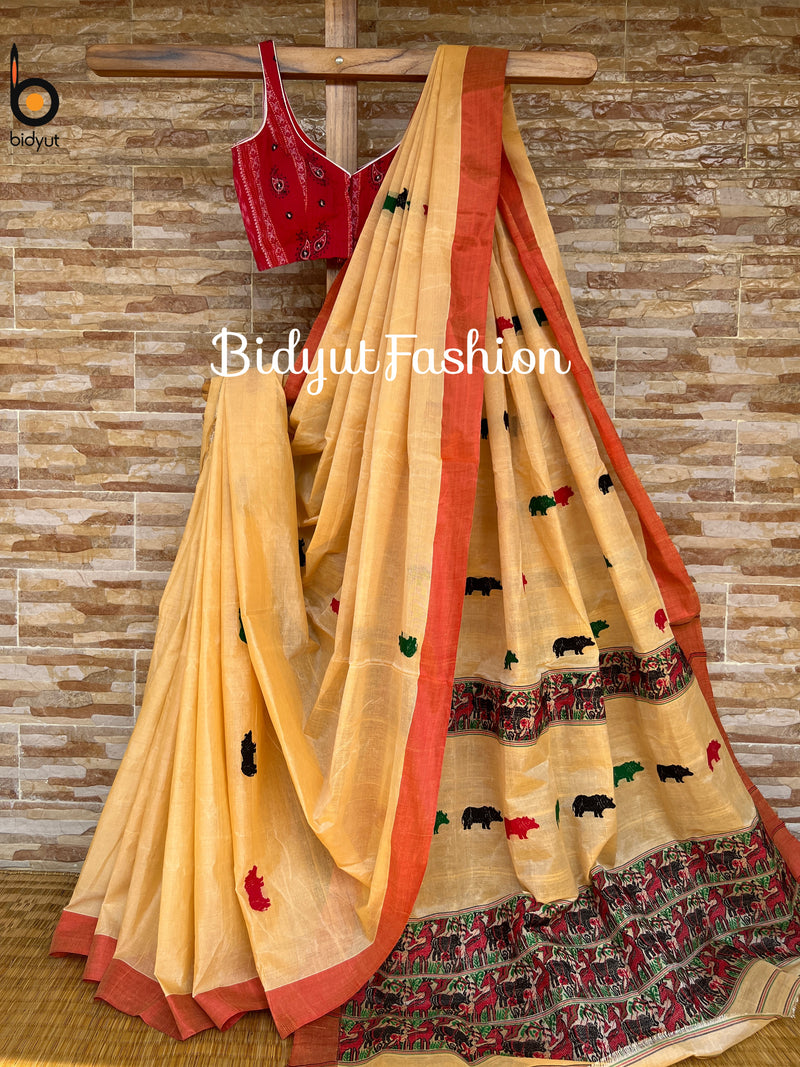 Assam Handloom Cotton Saree - Natural color sari - Bidyut Fashion