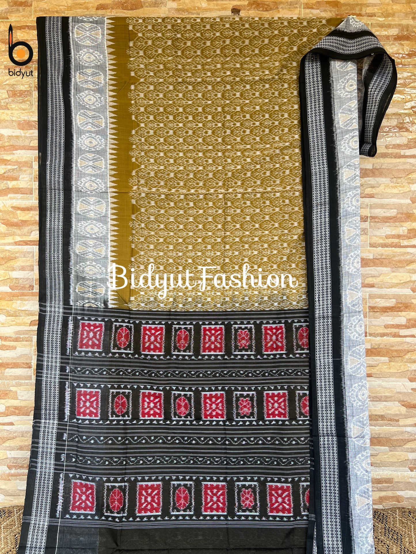 Handlooms of Odisha Sambalpuri Ikat Cotton Saree Olive Green Color