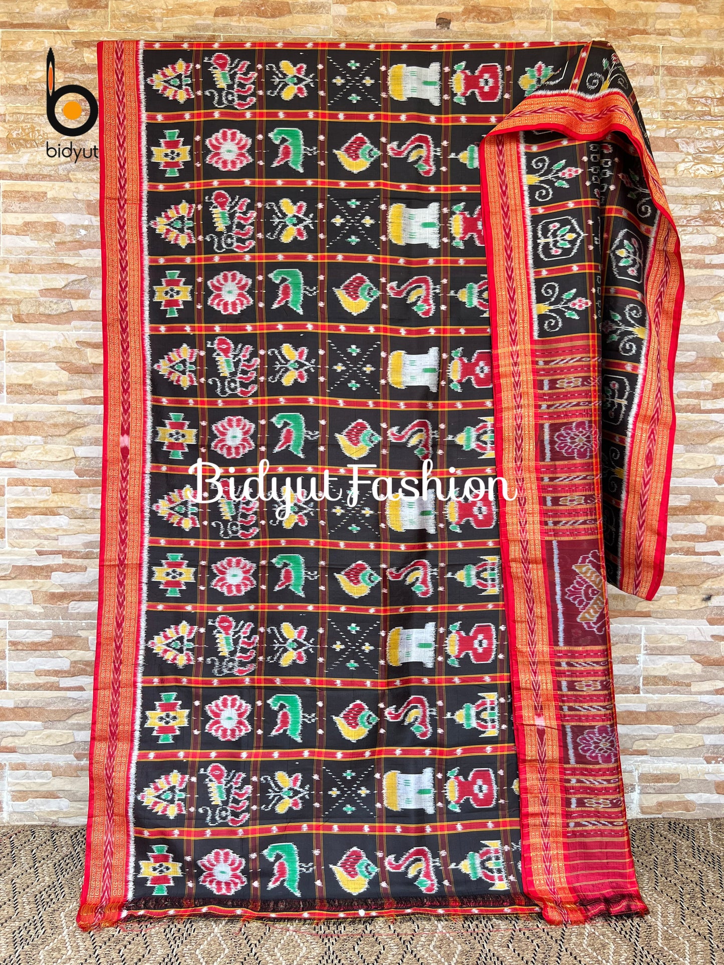 Handlooms of Odisha Nuapatna Khandua Nabakothi Ikat Silk Saree Black color