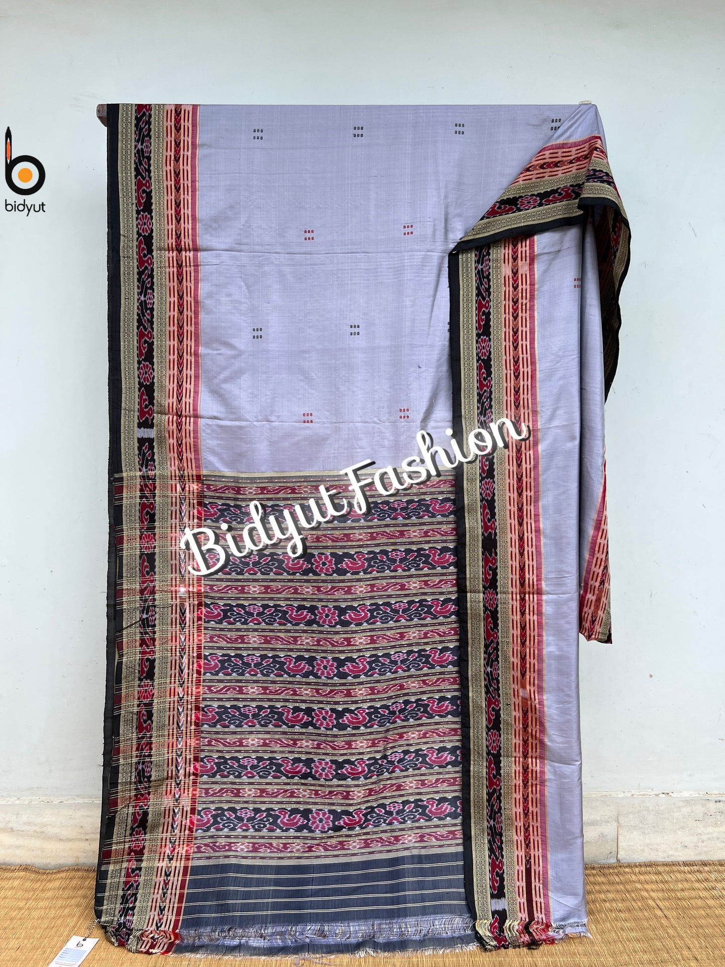 Handlooms of Odisha Nuapatna Khandua Ikat Silk Saree grey color