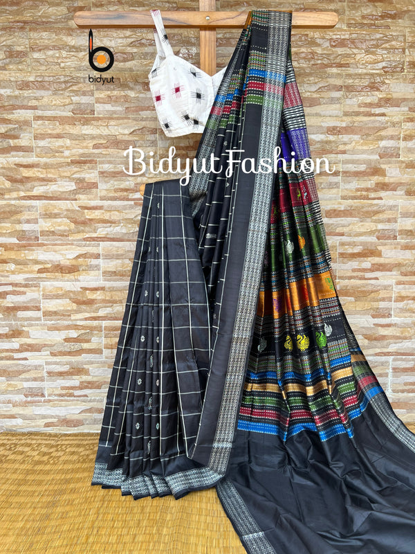 Berhampuri Patta Silk Saree |Odisha handloom | black saree blouse - Bidyut Fashion