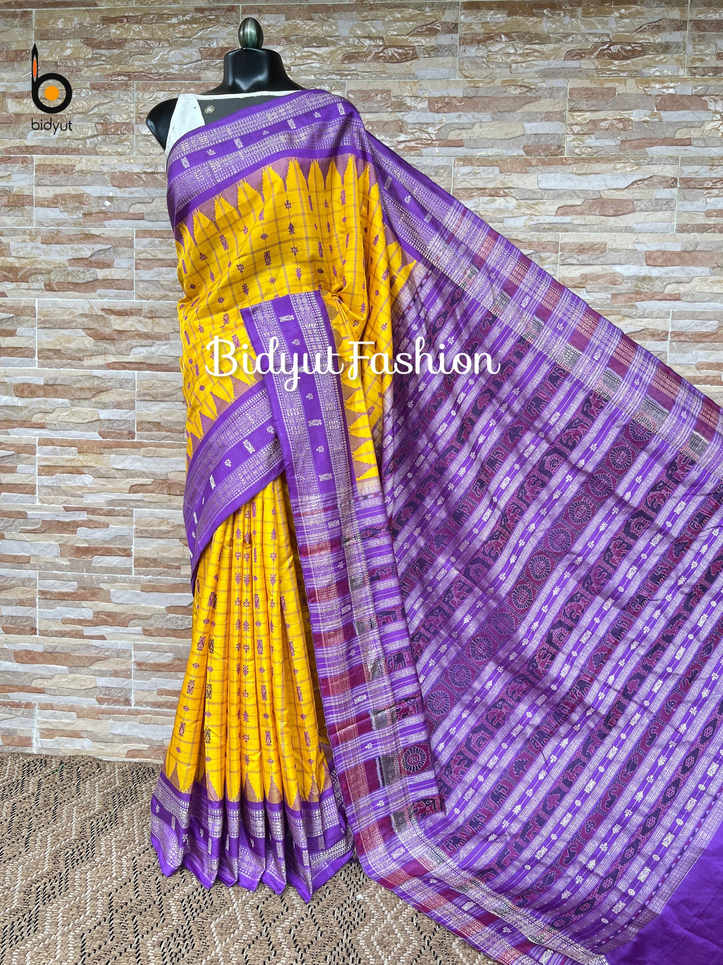 Royal Purple & Marigold Yellow Hazar Buti Silk Saree | Handwoven Odisha Sambalpuri Ikat Saree