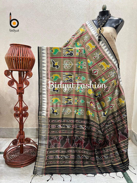 Handlooms of Odisha Nabakothi Ikat Silk Dupatta Olive Green color