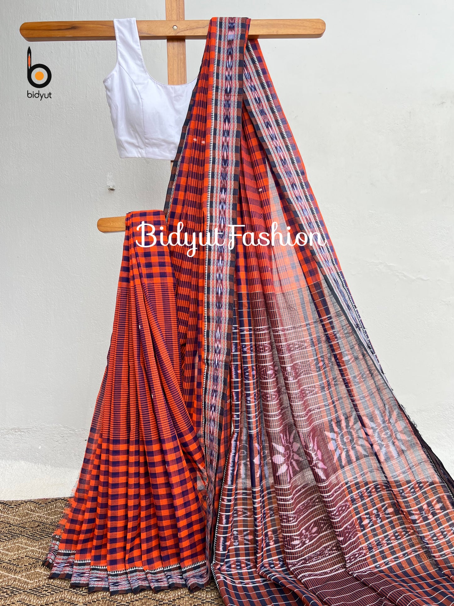 Handlooms of Odisha Jagatsinghpur Suta Ikat Cotton Saree Orange color