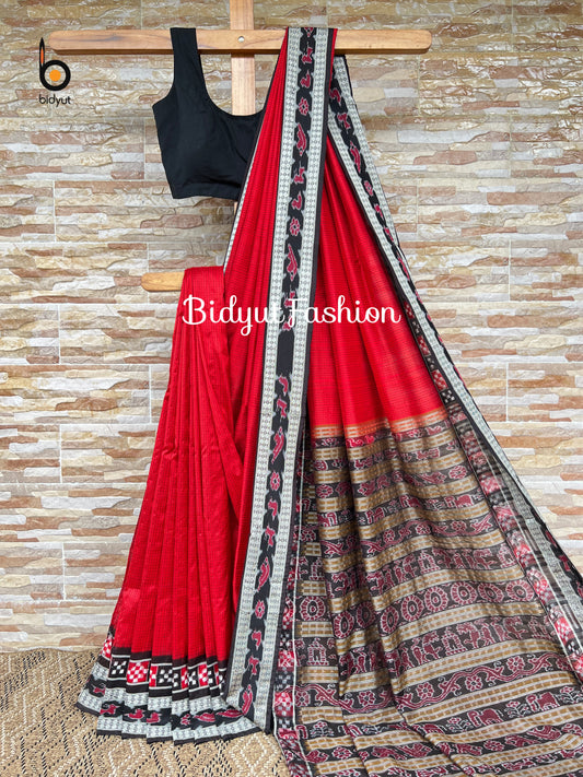 Handlooms of Odisha Sambalpuri Double Ikat border check body Silk Saree red color