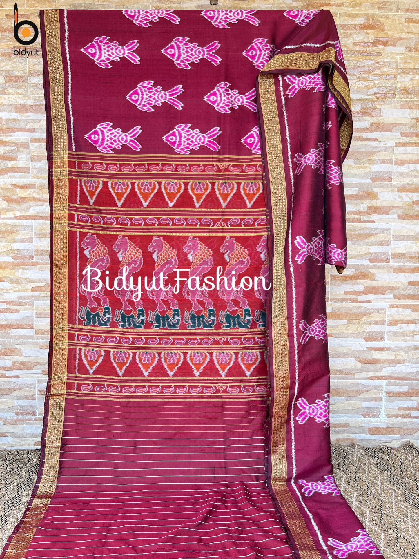 Handlooms of Odisha Nuapatna Ikat Silk Saree Meena Fish motif Maroon color