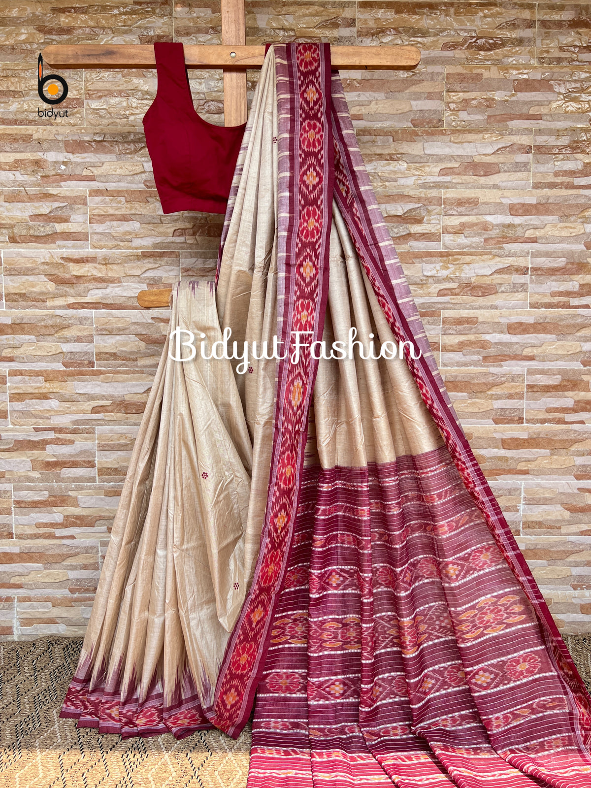 Handlooms of Odisha Gopalpur Ikat Tussar Silk Saree maroon green