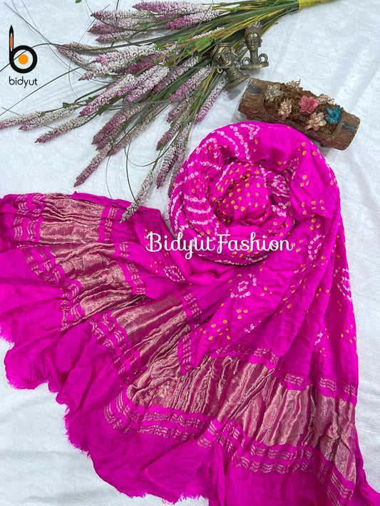 Bandhani Hand-Knotted Pure Gaji Silk Dupatta Pink Color