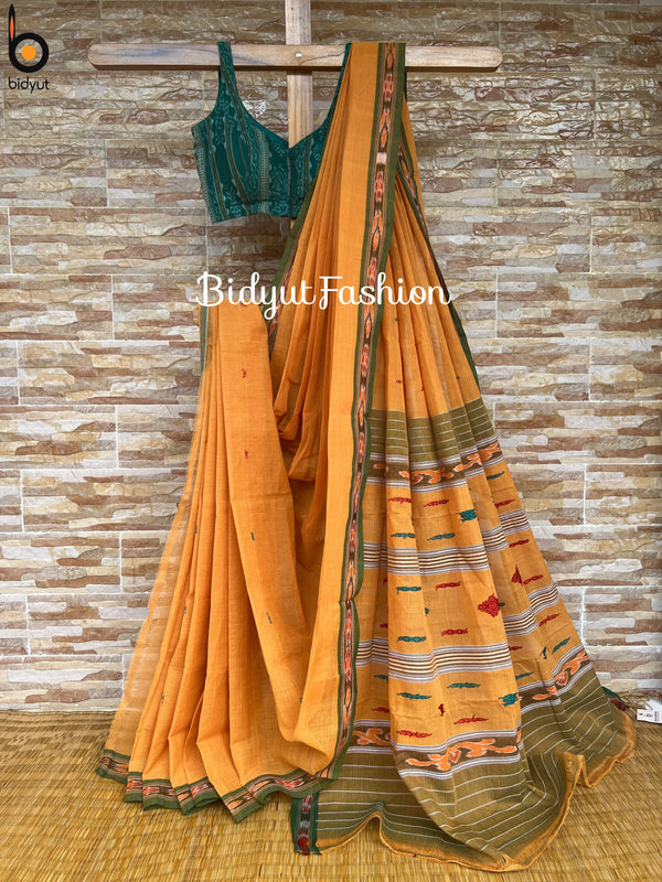 Odisha Handloom Yellow color Suta Luga Ikat Cotton Saree - a traditional Weaving