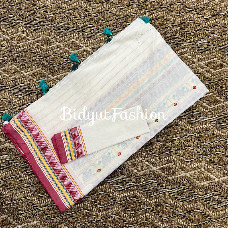Odisha Handloom Dongria white color Cotton Saree