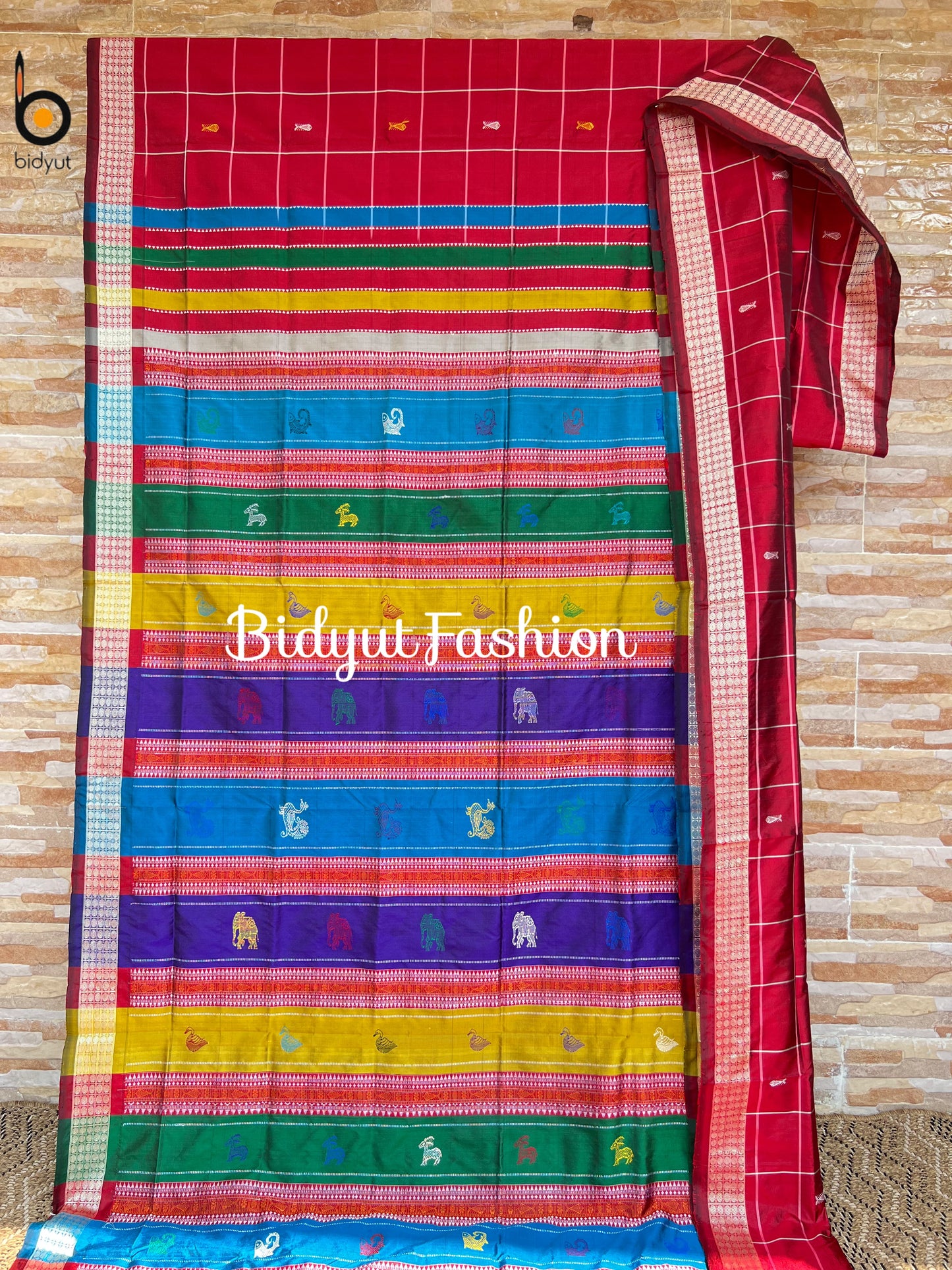 Handlooms of Odisha Berhampuri Double Palla Silk Saree Red Check