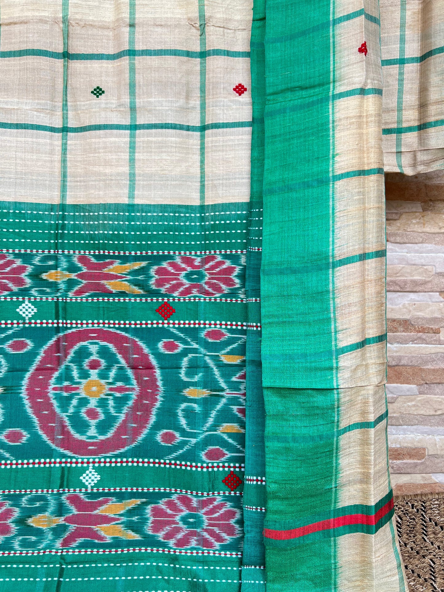 Handlooms of Odisha Santhal Tribal Tussar Silk Sarees Beige Green Color
