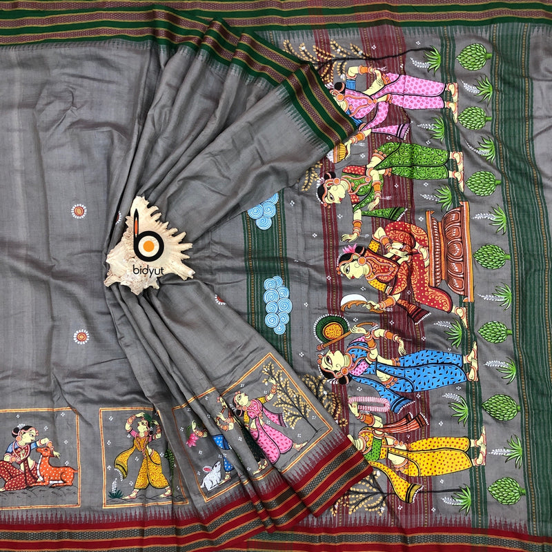 Odisha Pattachitra Handpainting on Vidharbha Tussar Silk Saree