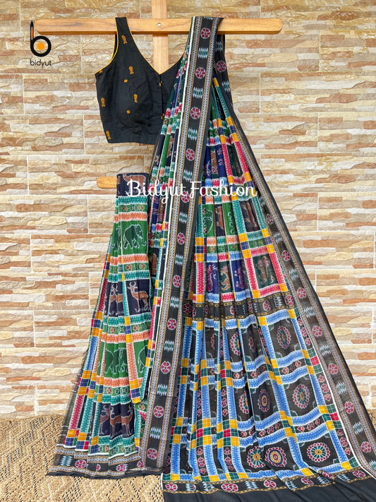 Handlooms of Odisha Sambalpuri Double Ikat Utkal Laxmi Cotton Saree multicolor green animal motif