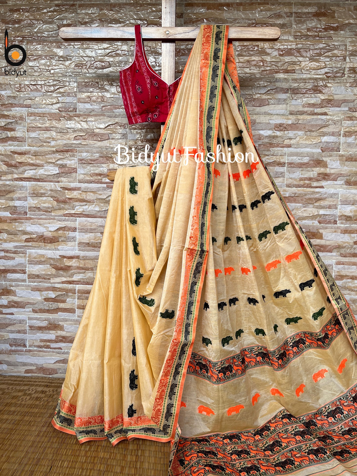 Handlooms of Assam Kaziranga Cotton Saree Beige color