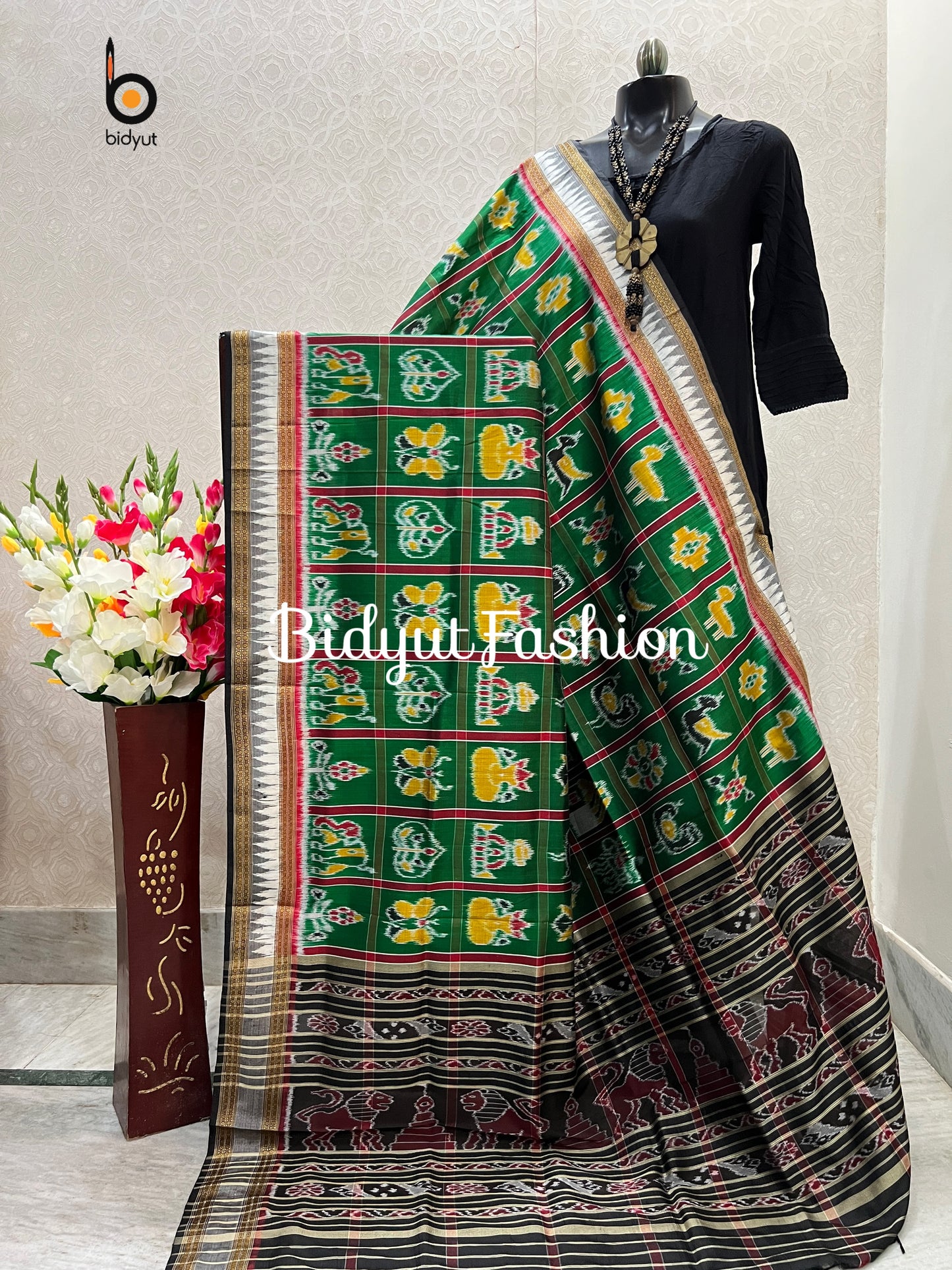 Handlooms of Odisha Nabakothi Ikat Silk Dupatta Green color