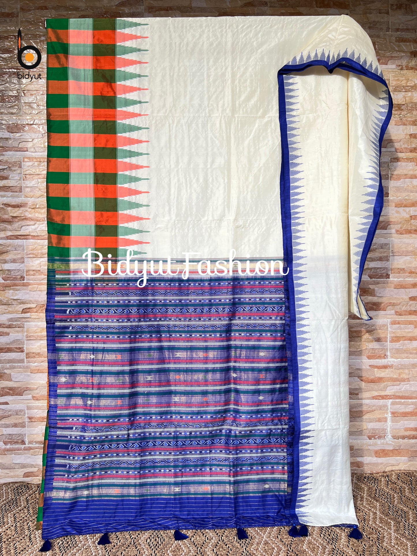 Handlooms of Odisha Sambalpuri Temple motif Ikat Silk Saree White color