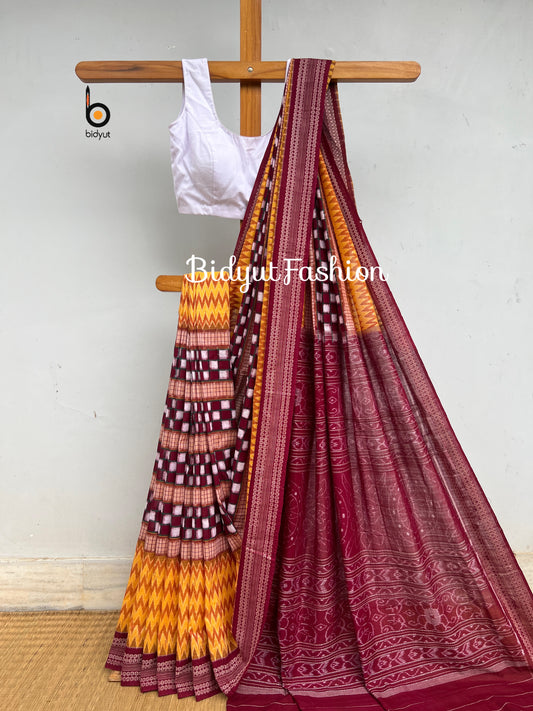 Handlooms of Odisha Sambalpuri Double Ikat Passapalli Cotton Saree Yellow Maroon color