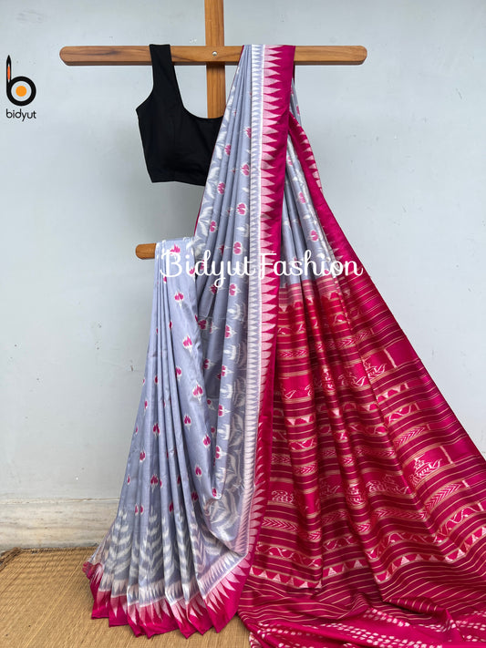 Handlooms of Odisha Nuapatna Ikat Silk Saree Silver Color