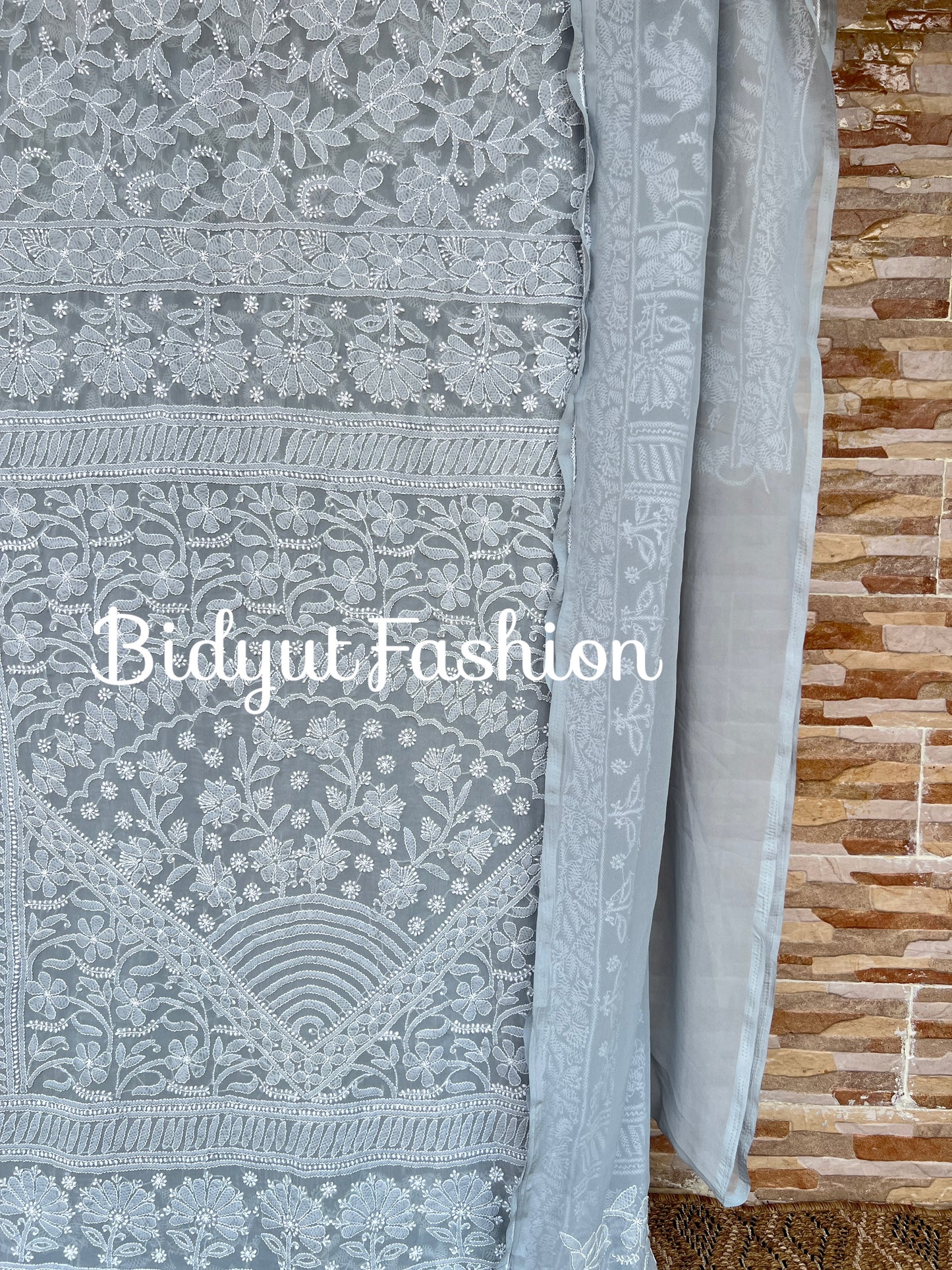 Lucknowi Chikankari all over work hand embroidery georgette Saree grey color