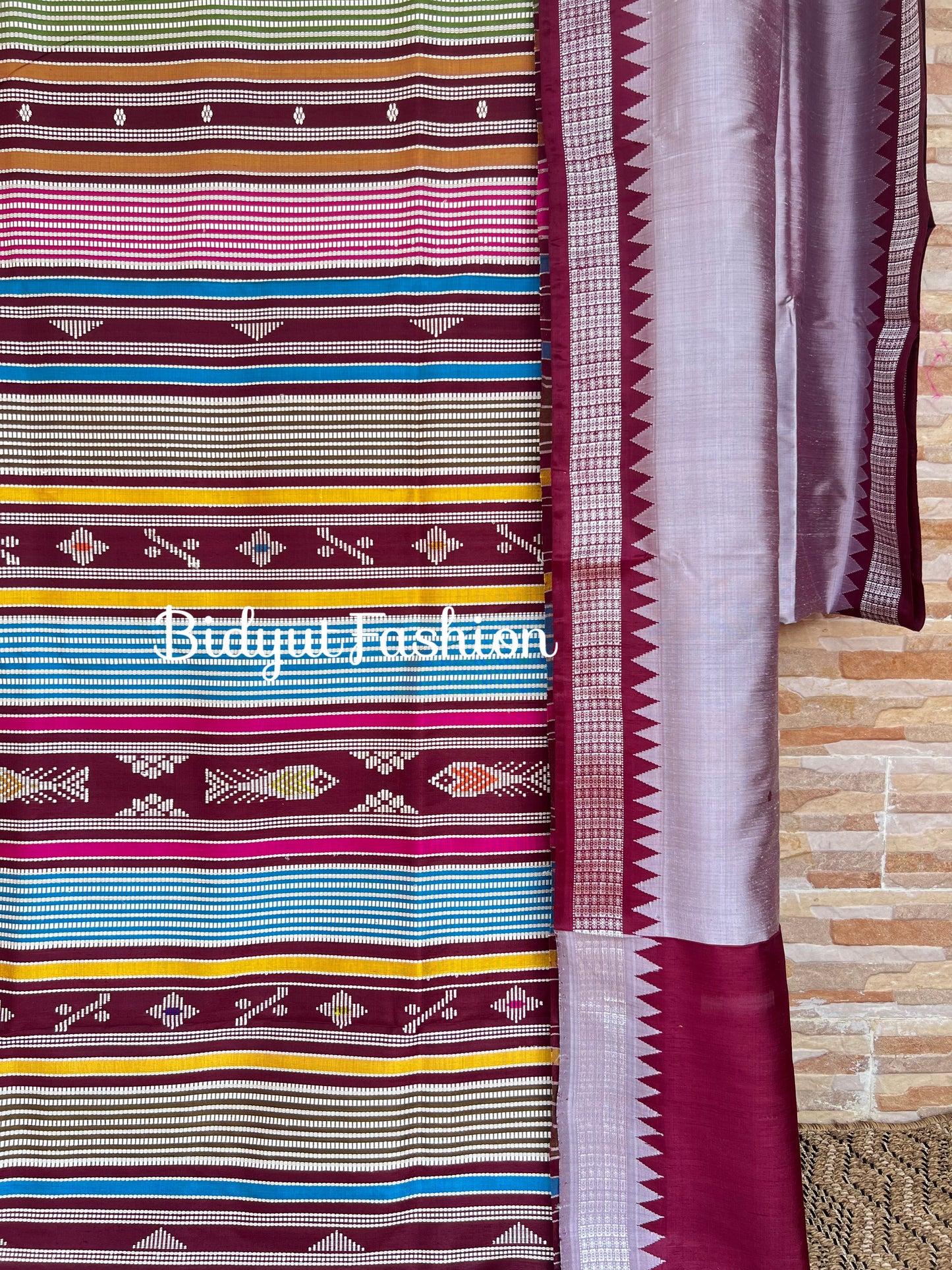 Handlooms of Odisha Berhampuri Double Palla Silk Saree Silver with Wine undertone color