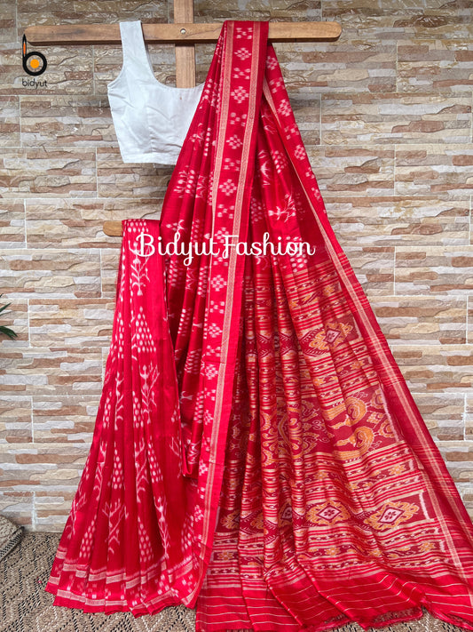 Handlooms of Odisha Nuapatna Ikat Silk Saree in Saura Jhoti Motif Red Color