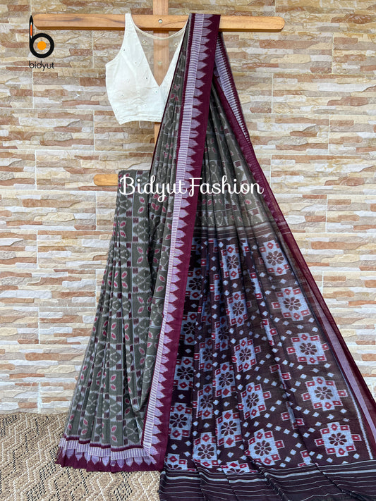 Handlooms of Odisha Nuapatna Maniabandha Ikat Cotton Saree Grey Color