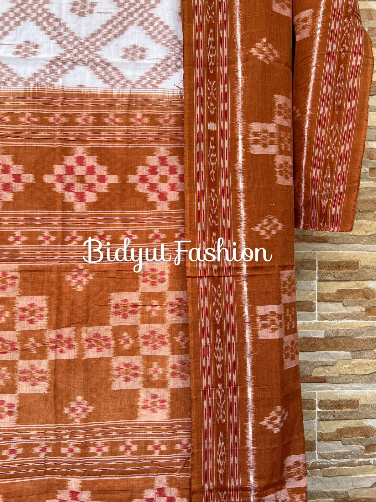 Handlooms of Odisha Maniabandha Nuapatna Taraballi Ikat Cotton Saree white brown color