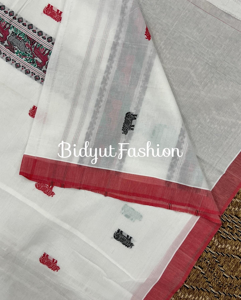Assam Handloom Cotton Saree - white red sari - Bidyut Fashion