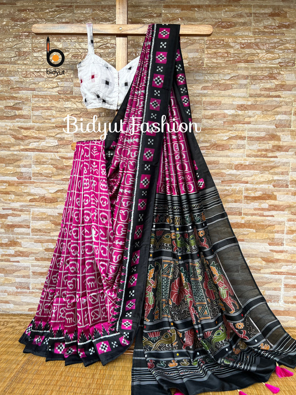 Odisha handloom Odia alphabet motif Ikat Silk Saree - Bidyut Fashion