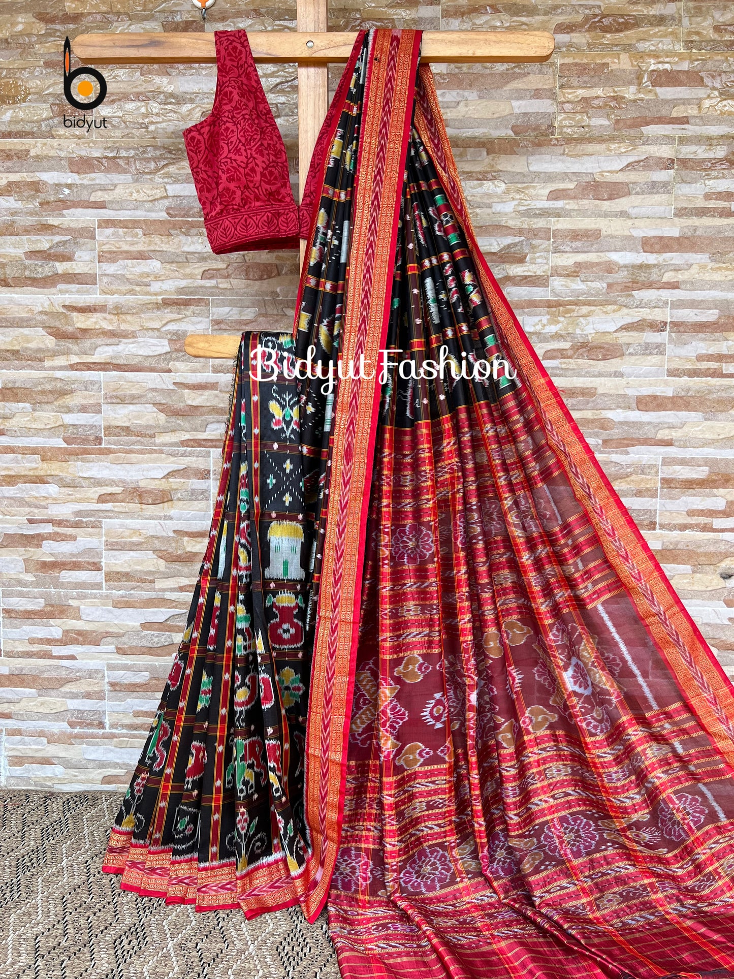 Handlooms of Odisha Nuapatna Khandua Nabakothi Ikat Silk Saree Black color