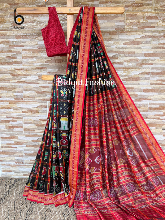 Handlooms of Odisha Nuapatna Khandua Nabakothi Ikat Silk Saree Black color