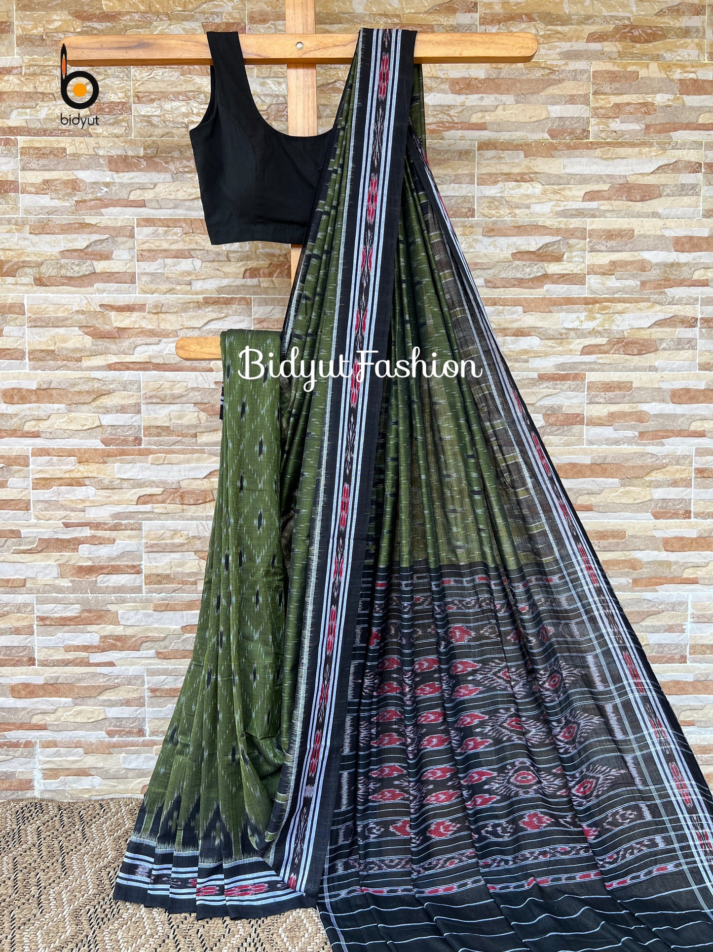 Handlooms of Odisha Maniabandha Nuapatna Ikat Cotton Saree Olive Green Color