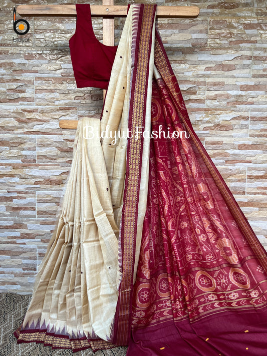 Handlooms of Odisha Santhal Tribal Tussar Silk Sarees Beige Color