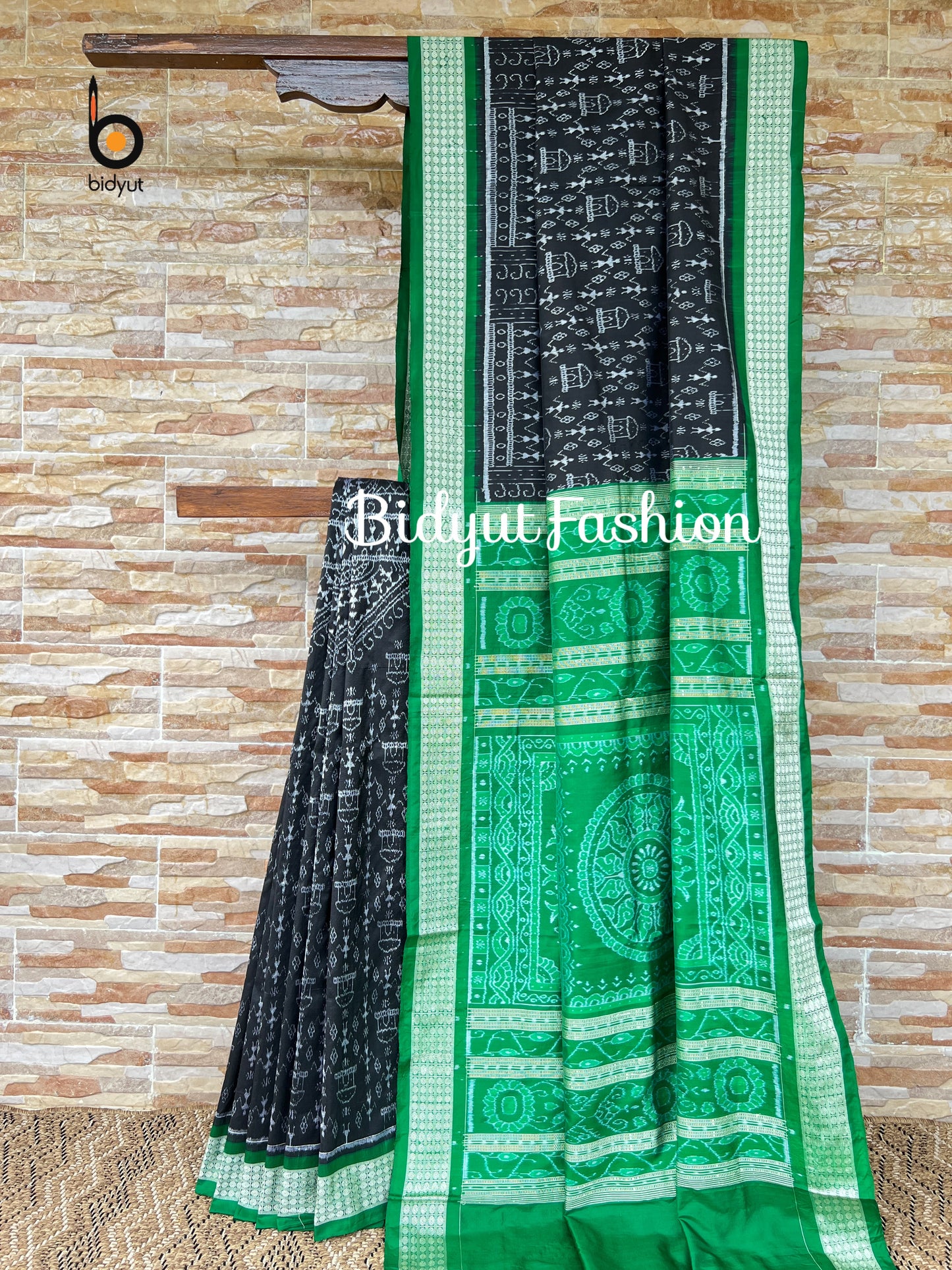 Handlooms of Odisha Sambalpuri Tribal motif Ikat Silk Saree Black Color