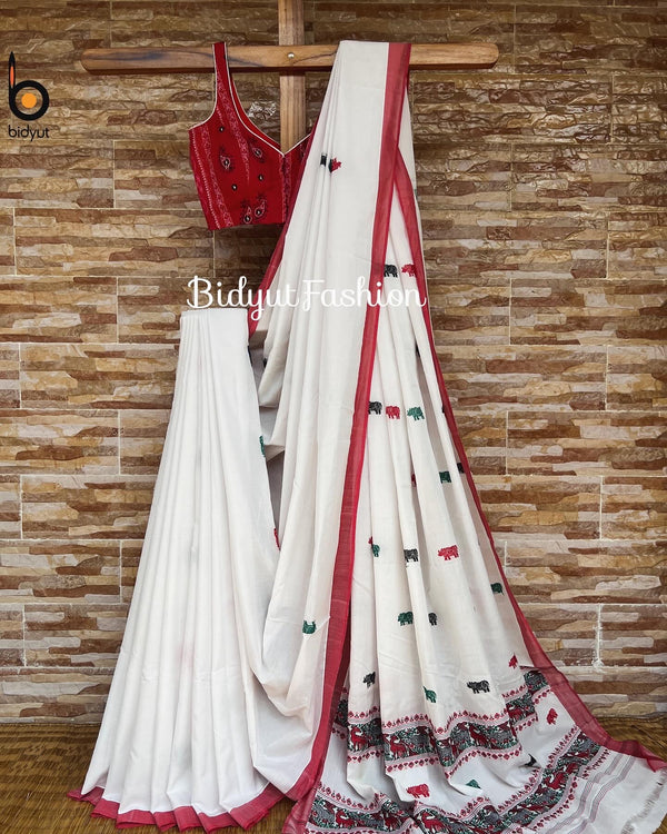 Assam Handloom Cotton Saree - white red sari