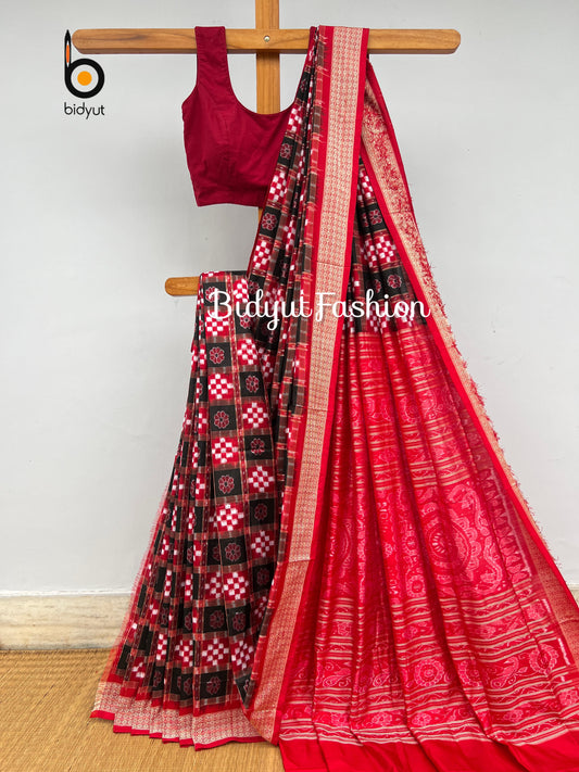 Handlooms of Odisha Sambalpuri double Ikat Passapalli Silk Red Black Color Saree